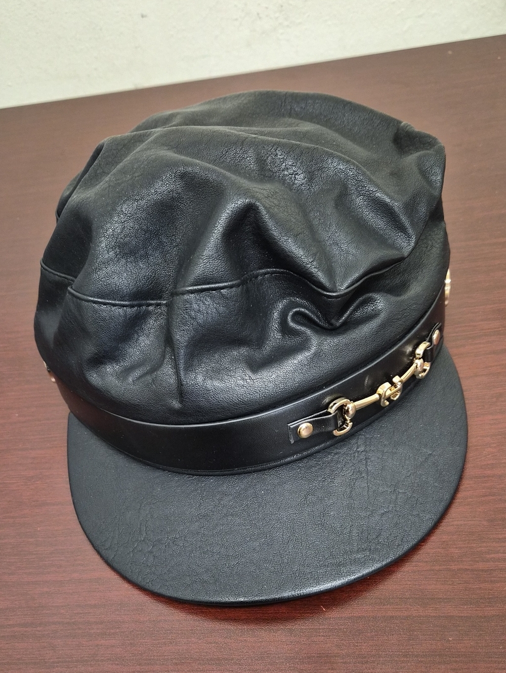 Forever 21 Black Faux Leather Cap with Gold Chain Detail